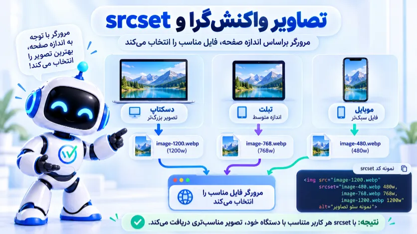 انتخاب تصویر مناسب برای دسکتاپ تبلت و موبایل با ویژگی srcset